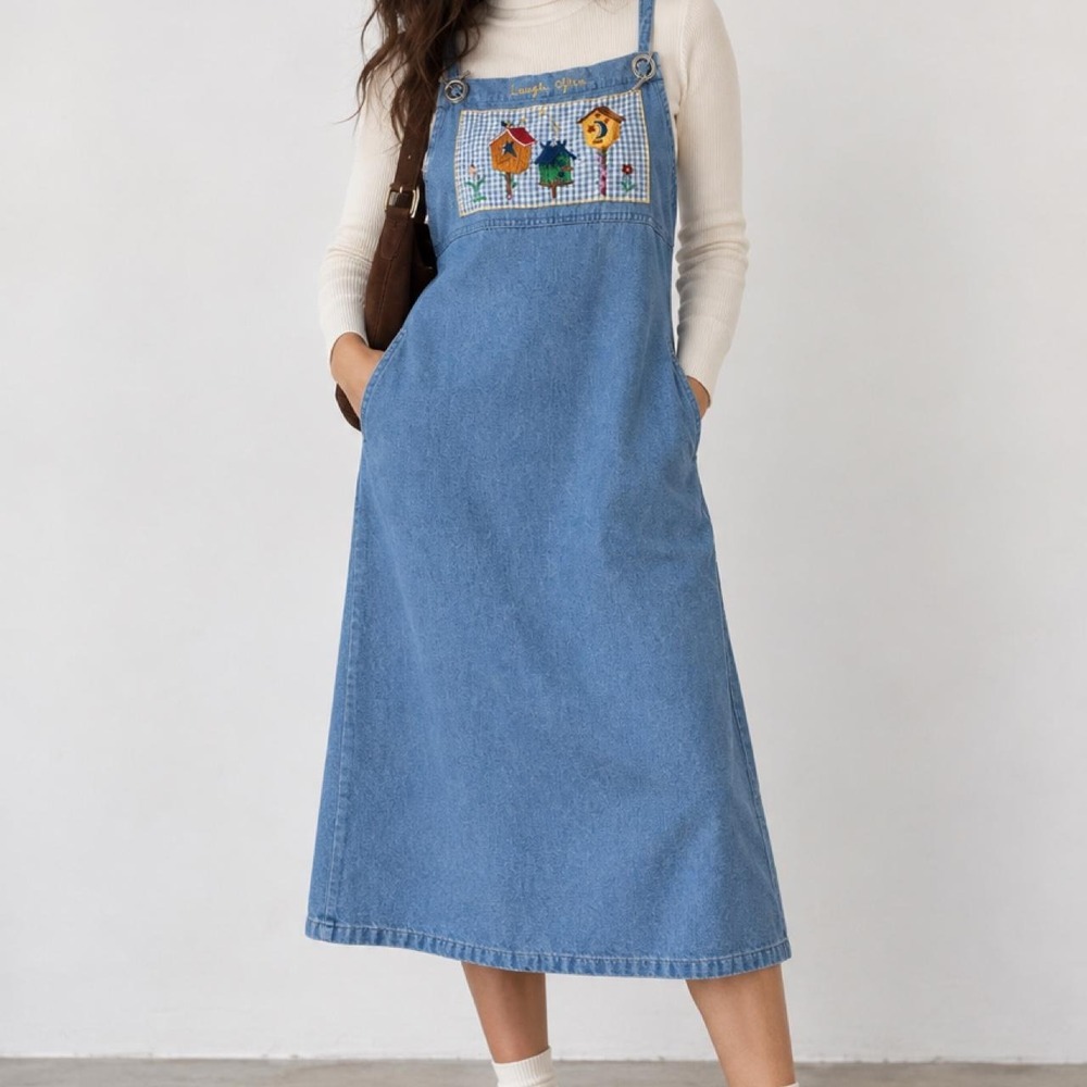 Vintage Women's Small Denim Overall Maxi Dress Birdhouse Embroidered